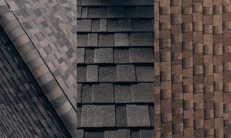 Three close-up views of roofing material textures