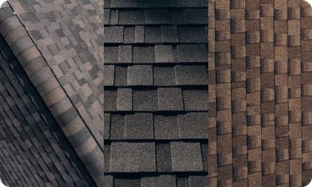 Three close-up views of roofing material textures